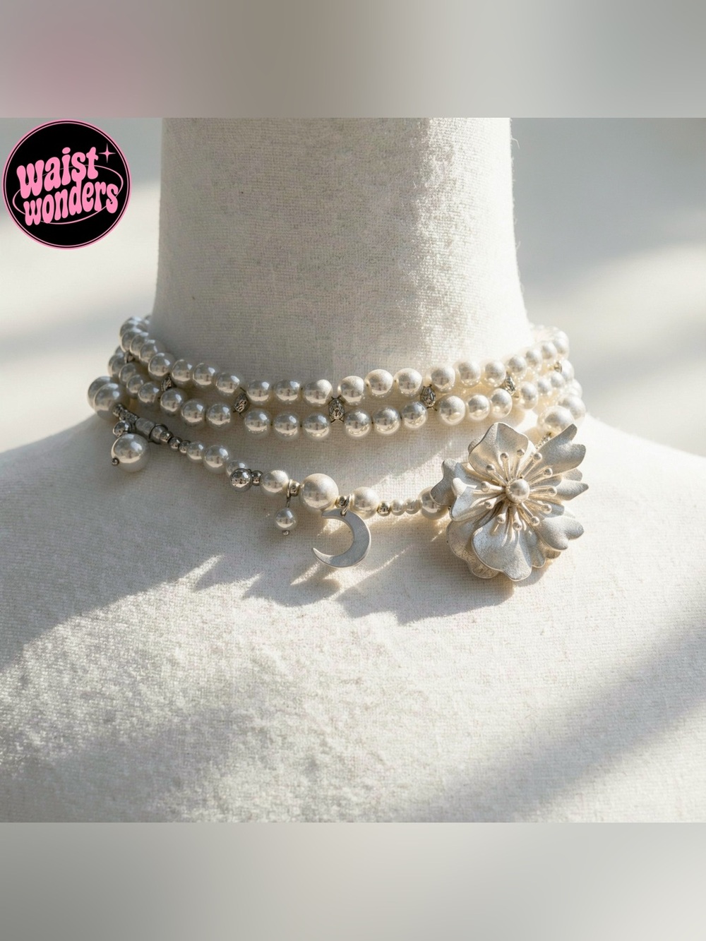 Y2K 2000s style 2 pcs set pearl necklace with flower and moon charm